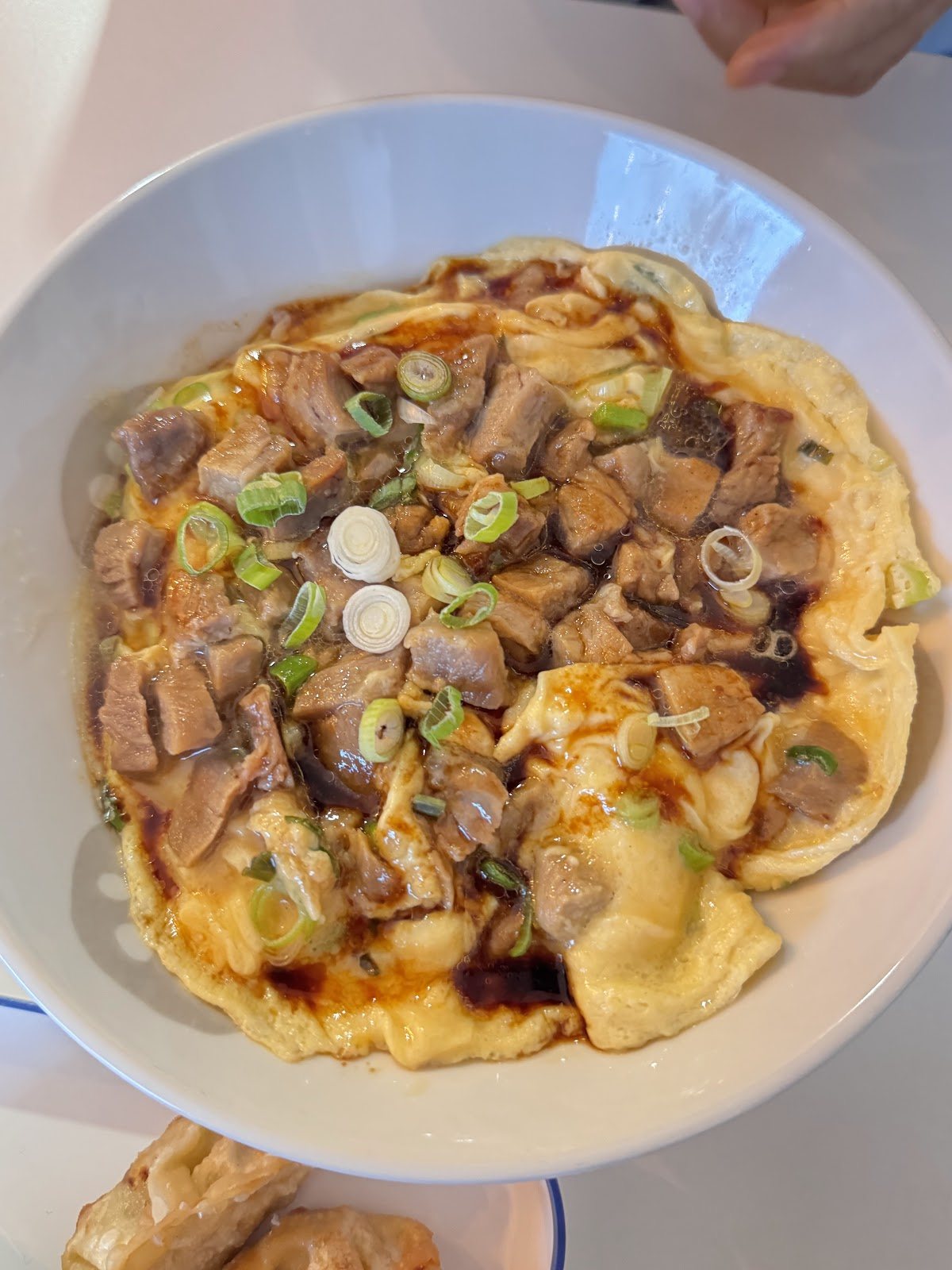 A wide white bowl of rice under a soft, golden omelette topped with diced roast pork, spring onion and a drizzle of dark sauce.